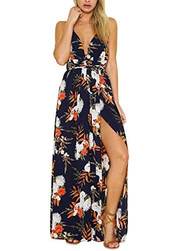 Berrygo Women S Sexy Deep V Neck Backless Floral Print Split Maxi Party Dress