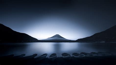 Japan Mountains Mount Fuji Sunrise Landscape Lake Boat Nature