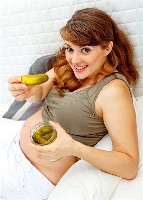 Smiling Pregnant Woman Holding Jar Of Pickles Stock Photo Image Of