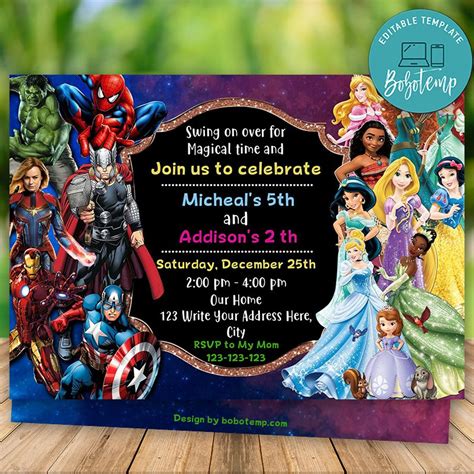 Editable Superhero And Princess Birthday Invitations Diy Bobotemp