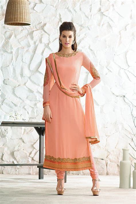 Peach Color Georgette Fabric Salwar Suit Saree Designs Embroidered Clothes Party Wear
