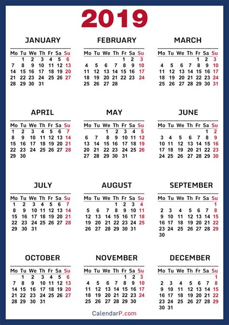 Printable Free 2019 Calendar Hd Blue Red Monday Start Calendarp