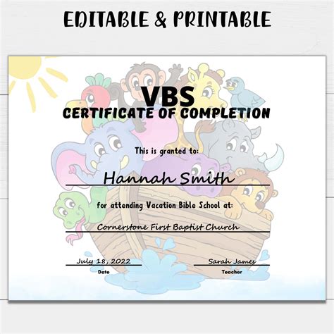 Printable Vbs Vacation Bible School Certificate Of Completion Etsy
