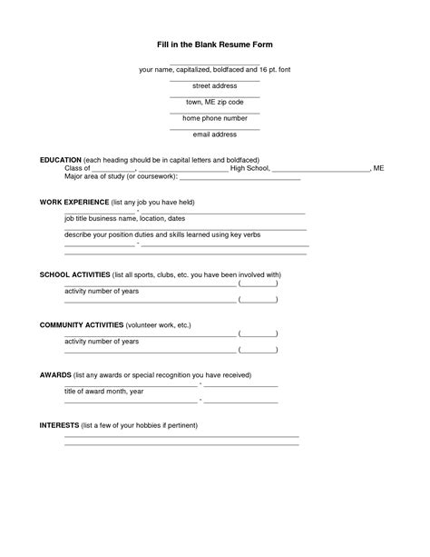 Fill In Blank Printable Resume Worksheet Printable Templates