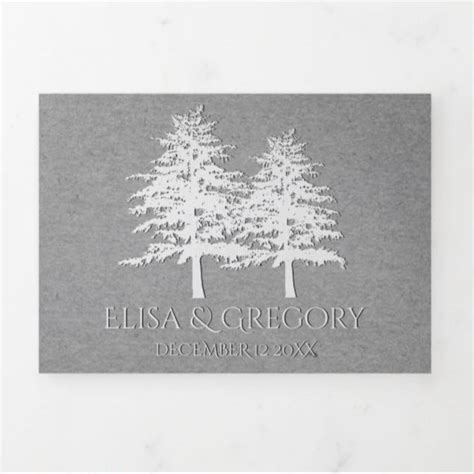 Embossed Trees Gray Kraft Paper Winter Wedding Tri Fold Invitation