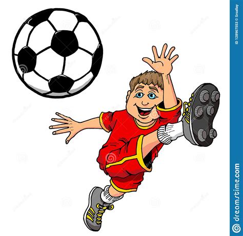Cartoon Illustration Of A Kid Kicking A Soccer Ball Stock