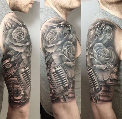 Microphone with blue roses tattoo design by ashiwa666. Music tattoo microphone Les Paul roses | Music tattoo ...