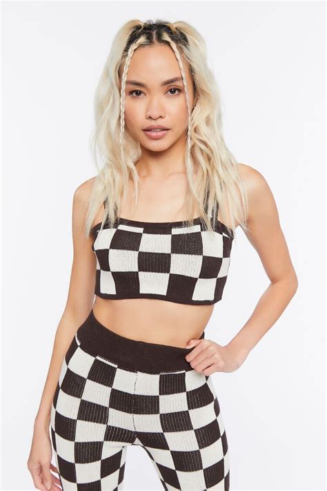 Sweater Knit Checkered Crop Top And Pants Set