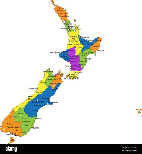Colorful New Zealand Political Map With Clearly Labeled Separated