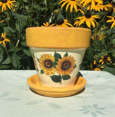 Sunflower Flower Pot With Saucer Sunflower Planter Etsy