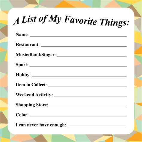 Printable Employee Favorite Things List