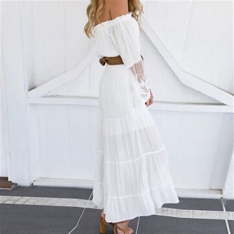 Womenstrapless Long Sleeve Loose Sexy Off Shoulder Lace Boho Cotton