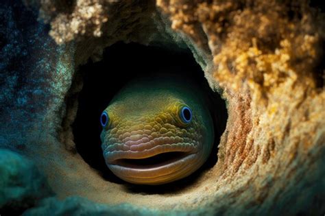 Premium Photo Head Of Moray Eel Peeking Out Of Underwater Burrow At