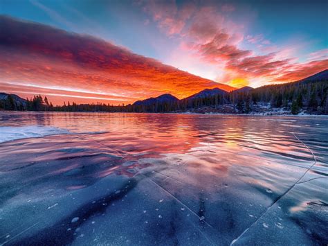Wallpaper Frozen Lake Sunset Winter Skyline Nature Desktop