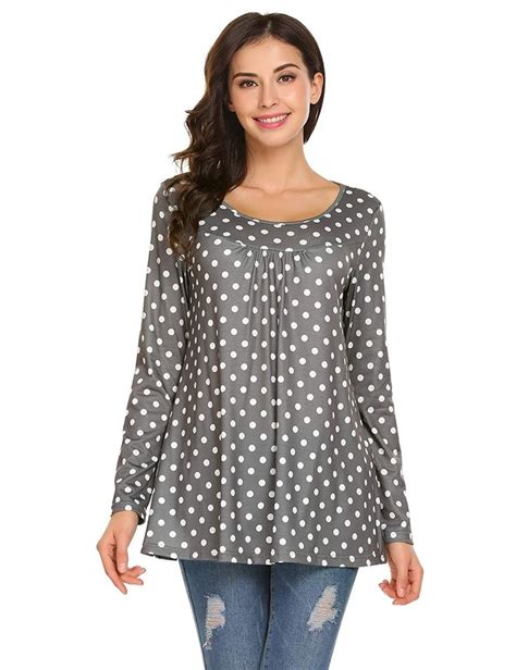 women s long sleeve round neck pleated flare polka dot tunic shirt tops gray and white
