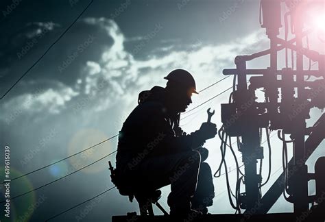 Silhouette Electrician Holding A Wrench Work On High Voltage Pylons To