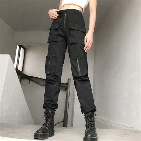 Black Streetwear Cargo Pants Women Zipper Pockets Patchwork Trousers