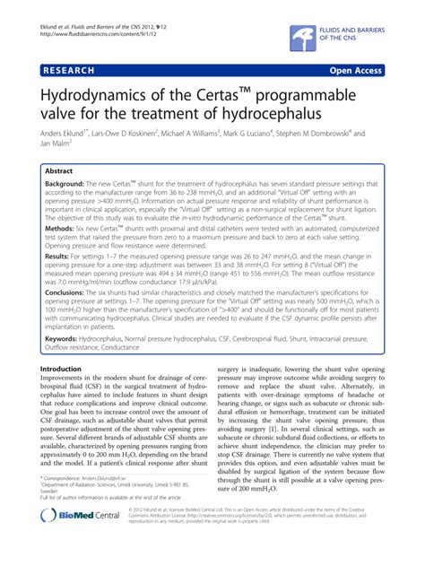 Pdf Hydrodynamics Of The Certas™ Programmable Valve For The Treatment