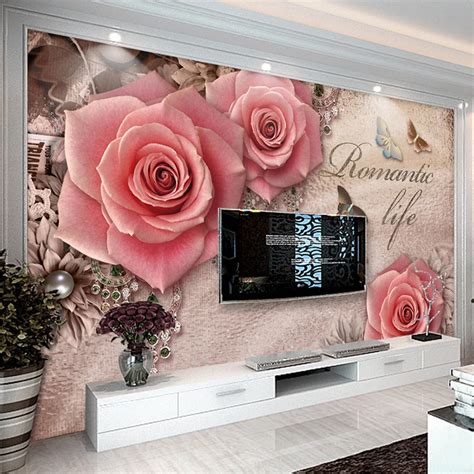 Custom 3d Wall Mural Wallpaper Romantic Pink Rose Flowers Fresco