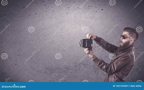 Hipster Guy With Vintage Camera And Beard Stock Image Image Of