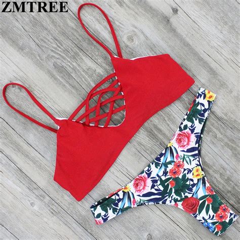Zmtree Cross Bikini Floral Printed Swimsuit Women Sexy Bikini Set