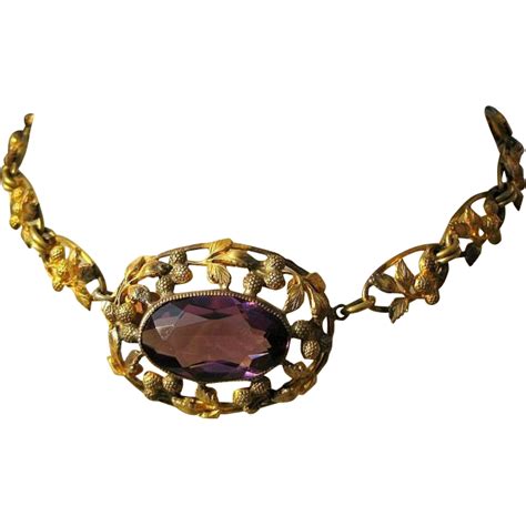 Art Nouveau Necklace And Raspberries Vintage Czech Glass Art Nouveau Necklaces Gold Tone Metal