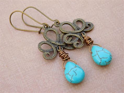 Turquoise Teardrops Antiqued Brass Earrings Antiques Brass Etsy