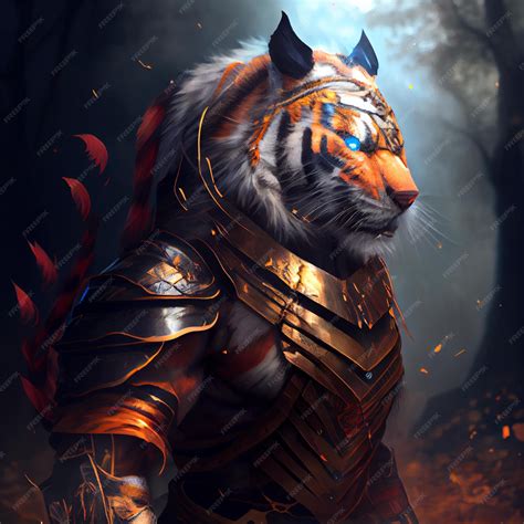 Premium Photo Powerful Anthropamorphic Tiger Warrior Generative Ai
