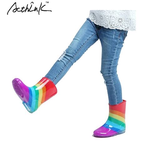 Acthink New 2018 Kids Rainbow Rainboots Girls Striped Patch Antiskid