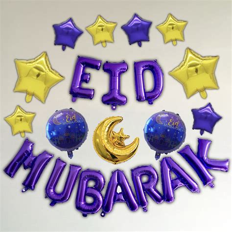 21pcs Eid Mubarak Foil Balloons Set Purple Gold Moon Star Inflatable