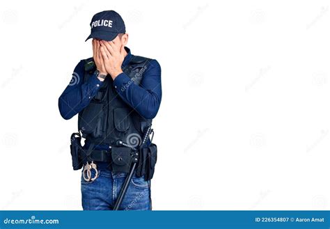 Young Handsome Man Wearing Police Uniform With Sad Expression Covering