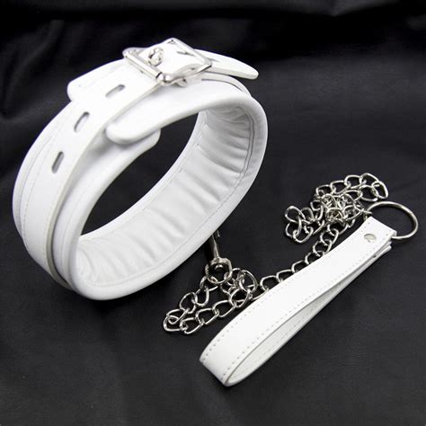 White Leather Bondage Gear Harness Fetish Slave Collar With Chain Leash