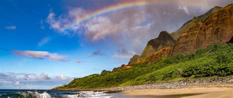 Download Wallpaper 2560x1080 Beach Coast Rainbow Waves