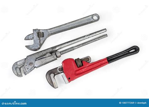 Different Adjustable Wrenches For Plumbing Work On A White Background