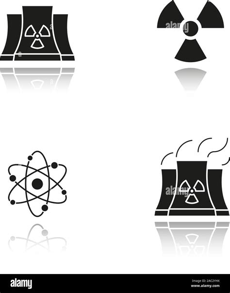 Atomic Energy Drop Shadow Black Icons Set Nuclear Power Plant With