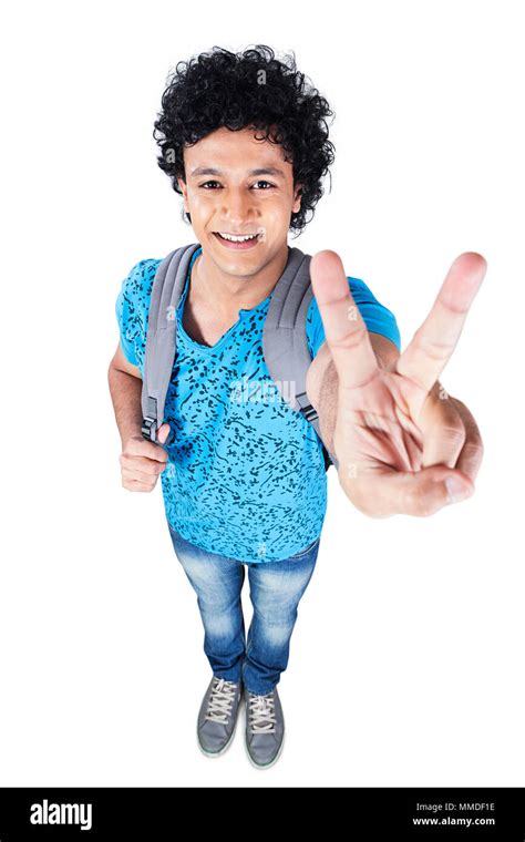 One Young Man College Student Showing V Sign Victory Symbol Success