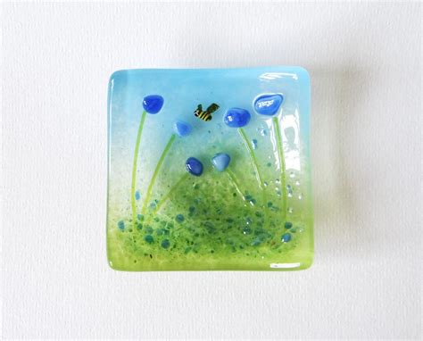 Blue Flowers With Bee Fused Glass Trinket Bowl Ring Dish The British Craft House Fused