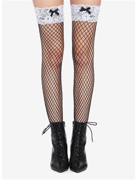 White Lace Black Fishnet Thigh Highs Hot Topic