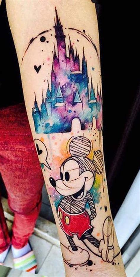 Watercolor Sketch Mickey Mouse Disney Castle Forearm Tattoo Ideas For