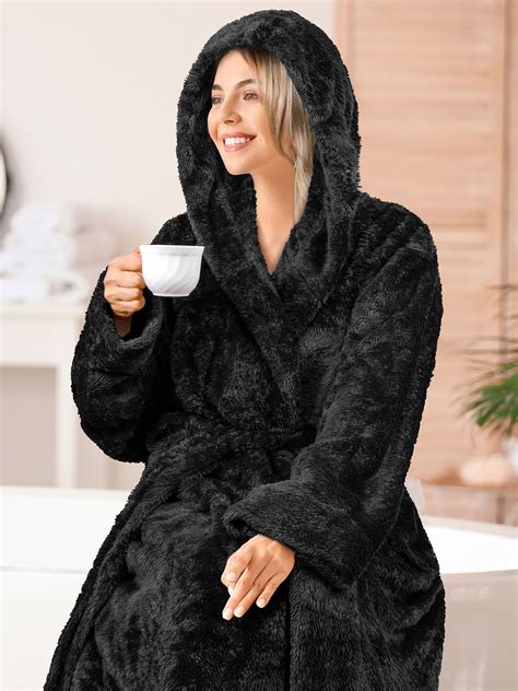 Pavilia Women Hooded Plush Soft Robe Fluffy Warm Fleece Sherpa Shaggy Bathrobe S M Black