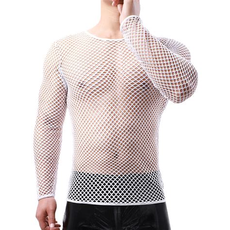 Men Mesh Tops T Shirts Hollow Out Fishnet Undershirts Sexy See Through