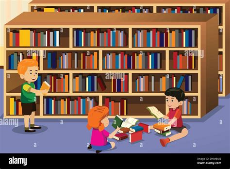 A Vector Illustration Of Kids Reading A Book In The Library Stock