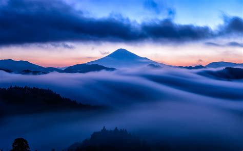 Mountain Mist Sky Clouds Snow Blue Style Wallpaper Nature And
