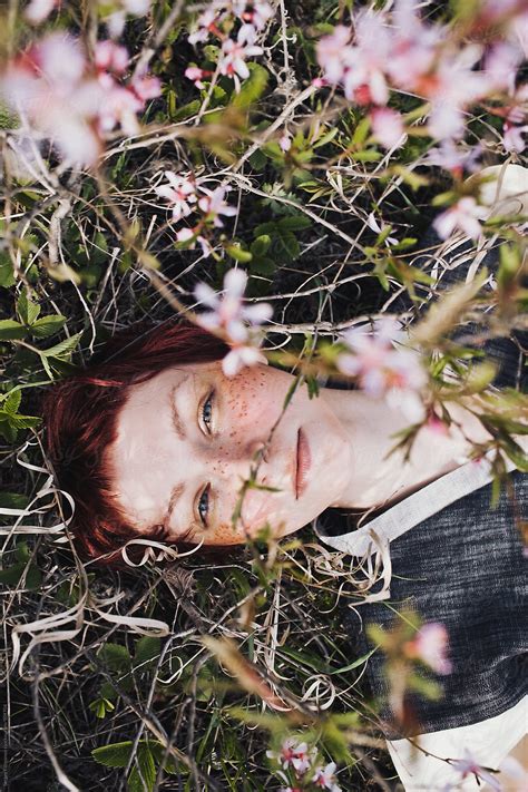 Portrait Babe Redhead Girl In A Kimono And Spring Wildflowers By Stocksy Contributor Sergey