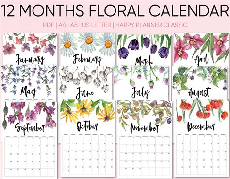 Printable Calendar 2021 Floral Monthly Calendar 2021 Etsy