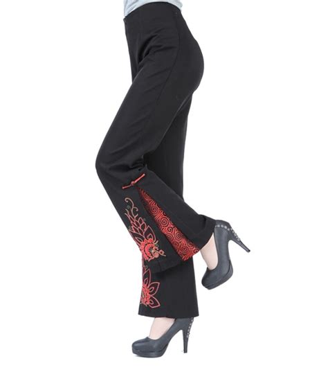 Spring Autumn Black Chinese Women Flare Pant Traditional Embroidery Trousers Flower Plus Size S