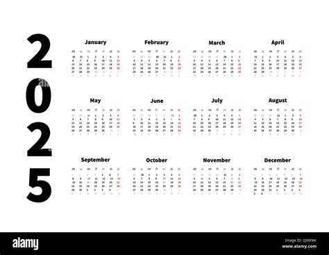 2025 Year Simple Horizontal Calendar In English Typographic Calendar