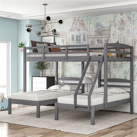 Full Over Twin And Twin Bunk Bedswooden Triple Bunk Bed Frame With 3 Storage Drawers And Safety