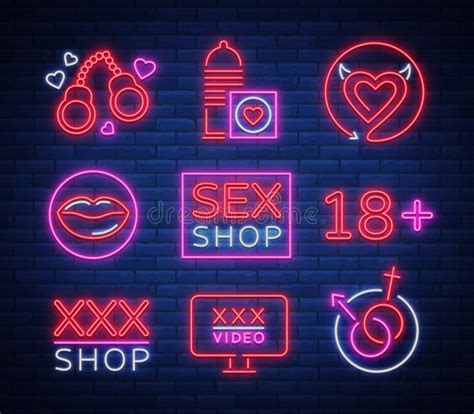 Sex Shop Set Of Logos Signs Symbols In Neon Style Collection Of Emblems Shop For Adults