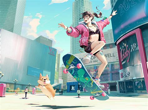 1920x1440 Skyline Anime Girl Skateboard With Dog 1920x1440 Resolution